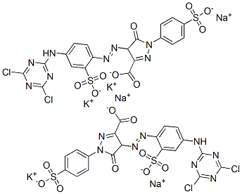 4-[[4-[(4,6-dichloro-1,3,5-triazin-2-yl)amino]-2-sulphophenyl]azo]-4,5-dihydro-5-oxo-1-(4-sulphophenyl)-1H-pyrazole-3-carboxylic acid, potassium sodium salt Structure