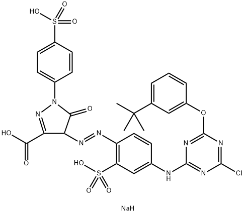 trisodium 4-[[4-[[6-(3-tert-butylphenoxy)- 4-chloro-1,3,5-triazin-2-yl]amino]-2-sulphonatophenyl]azo]-4,5-dihydro-5-oxo-1-(4-sulphonatophenyl)-1H-pyrazole-3-carboxylate 구조식 이미지