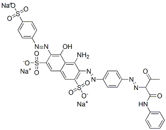 trisodium 4-amino-5-hydroxy-3-[[4-[[2-oxo-1-[(phenylamino)carbonyl]propyl]azo]phenyl]azo]-6-[(4-sulphonatophenyl)azo]naphthalene-2,7-disulphonate 구조식 이미지