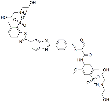 bis[bis(2-hydroxyethyl)ammonium] 2'-[4-[[1-[[(2-methoxy-5-methyl-4-sulphonatophenyl)amino]carbonyl]-2-oxopropyl]azo]phenyl]-6-methyl[2,6-dibenzothiazole]-7-sulphonate 구조식 이미지