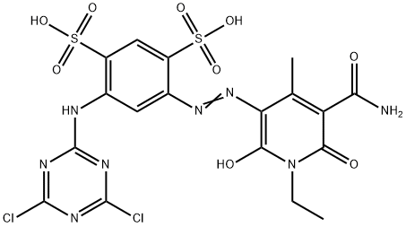 4-[[5-(aminocarbonyl)-1-ethyl-1,6-dihydro-2-hydroxy-4-methyl-6-oxo-3-pyridyl]azo]-6-[(4,6-dichloro-1,3,5-triazin-2-yl)amino]benzene-1,3-disulphonic acid 구조식 이미지
