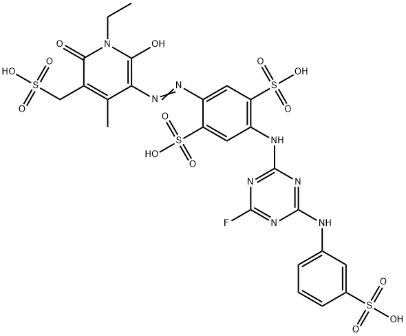 2-[[1-ethyl-1,6-dihydro-2-hydroxy-4-methyl-6-oxo-5-(sulphomethyl)-3-pyridyl]azo]-5-[[4-fluoro-6-[(3-sulphophenyl)amino]-1,3,5-triazin-2-yl]amino]benzene-1,4-disulphonic acid 구조식 이미지