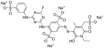 tetrasodium 2-[[1-ethyl-1,6-dihydro-2-hydroxy-4-methyl-6-oxo-5-(sulphonatomethyl)-3-pyridyl]azo]-5-[[4-fluoro-6-[(3-sulphonatophenyl)amino]-1,3,5-triazin-2-yl]amino]benzene-1,4-disulphonate Structure