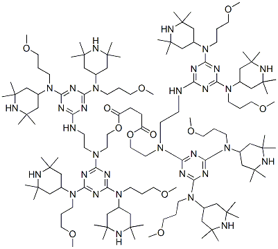 Butanedioic acid, bis[2-[[4,6-bis[(3-methoxypropyl)(2,2,6,6-tetramethyl-4-piperidinyl)amino]-1,3,5-triazin-2-yl][2-[[4,6-bis[(3-methoxypropyl)(2,2,6,6-tetramethyl-4-piperidinyl)amino]-1,3,5-triazin-2-yl]amino]ethyl]amino]ethyl] ester 구조식 이미지