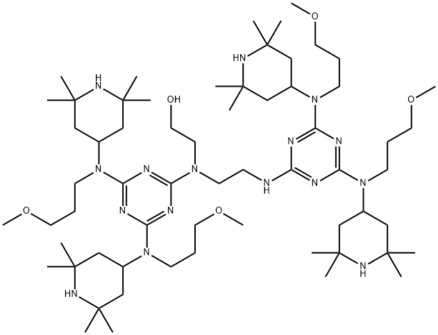 Ethanol, 2-[[4,6-bis[(3-methoxypropyl)(2,2,6,6-tetramethyl-4-piperidinyl)amino]-1,3,5-triazin-2-yl][2-[[4,6-bis[(3-methoxypropyl)(2,2,6,6-tetramethyl-4-piperidinyl)amino]-1,3,5-triazin-2-yl]amino]ethyl]amino]- 구조식 이미지