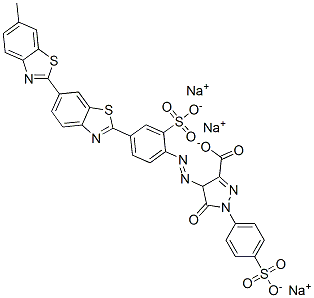 trisodium 4,5-dihydro-4-[[4-(6-methyl[2,6'-bibenzothiazol]-2'-yl)-2-sulphonatophenyl]azo]-5-oxo-1-(4-sulphonatophenyl)-1H-pyrazole-3-carboxylate 구조식 이미지