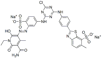 7-Benzothiazolesulfonic acid, 2-[4-[[4-[[3-[[5-(aminocarbonyl)-1-ethyl-1,6-dihydro-2-hydroxy-4-methyl-6-oxo-3-pyridinyl]azo]-4-sulfophenyl] amino]-6-chloro-1,3,5-triazin-2-yl]amino] phenyl]-6-methyl-, disodium salt Structure