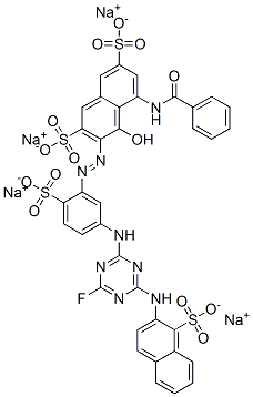 tetrasodium 5-benzamido-3-(5-(4-fluoro-6-(1-sulphonato-2-naphthylamino)-1,3,5-triazin-2-ylamino)-2-sulphonatophenylazo)-4-hydroxynaphthalene-2,7- disulphonate Structure