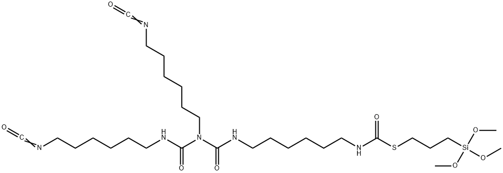 2,9,11,13-테트라아자노나데칸티오산,19-이소시아나토-11-(6-이소시아나토헥실)-10,12-디옥소-,S-3-(트리메톡시실릴)프로필에스테르 구조식 이미지