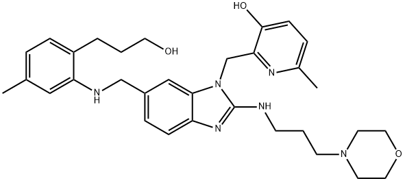 2-[[6-[[[2-(3-Hydroxypropyl)-5-methylphenyl]amino]methyl]-2-[[3-(morpholin-4-yl)propyl]amino]benzimidazol-1-yl]methyl]-6-methylpyridin-3-ol 구조식 이미지