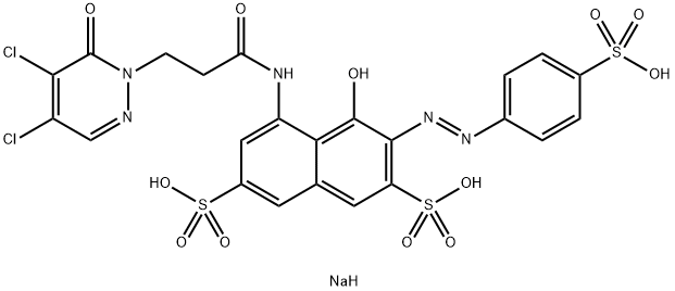 trisodium 4-[[3-(4,5-dichloro-6-oxo-6H-pyridazin-1-yl)propionyl]amino]-5-hydroxy-6-[(4-sulphonatophenyl)azo]naphthalene-2,7-disulphonate Structure