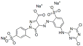 4-[[5-[(4,6-dichloro-1,3,5-triazin-2-yl)amino]-2-sulphophenyl]azo]-4,5-dihydro-1-(2-methyl-4-sulphophenyl)-5-oxo-1H-pyrazole-3-carboxylic acid, sodium salt Structure