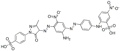 2-[[4-[[2-amino-4-[[4,5-dihydro-3-methyl-5-oxo-1-(4-sulphophenyl)-1H-pyrazol-4-yl]azo]-5-nitrophenyl]azo]phenyl]amino]-5-nitrobenzenesulphonic acid  Structure