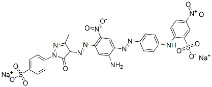 disodium 2-[[4-[[2-amino-4-[[4,5-dihydro-3-methyl-5-oxo-1-(4-sulphonatophenyl)-1H-pyrazol-4-yl]azo]-5-nitrophenyl]azo]phenyl]amino]-5-nitrobenzenesulphonate Structure