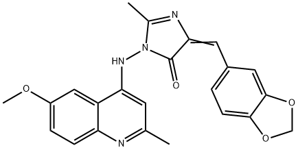 4H-Imidazol-4-one, 3,5-dihydro-5-(1,3-benzodioxol-5-ylmethylene)-3-((( 6-methoxy-2-methyl-4-quinolinyl)amino)-2-methyl- 구조식 이미지