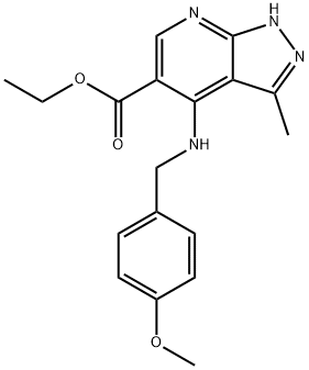 ethyl 4-[(4-methoxybenzyl)amino]-3-methyl-1H-pyrazolo[3,4-b]pyridine-5-carboxylate 구조식 이미지