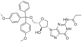 N-(9-((3S,4R,5S)-5-((BIS(4-METHOXYPHENYL)(PHENYL)METHOXY)METHYL)-4-HYDROXYTETRAHYDROFURAN-3-YL)-6-OXO-6,9-DIHYDRO-1H-PURIN-2-YL)PROPIONAMIDE 구조식 이미지