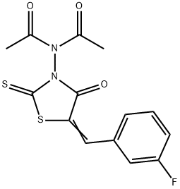 N-acetyl-N-{5-[(Z)-(3-fluorophenyl)methylidene]-4-oxo-2-thioxo-1,3-thiazolan-3-yl}acetamide 구조식 이미지