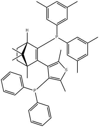 catASium(R)  T2(R),  3-{(1R,4S)-3-[Bis(3,5-dimethylphenyl)phosphanyl]-1,7,7-trimethylbicyclo[2.2.1]hept-2-en-2-yl}-4-diphenylphosphanyl-2,5-dimethylthiophene 구조식 이미지