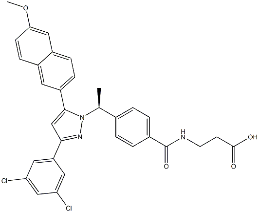 b-Alanine, N-[4-[(1S)-1-[3-(3,5-dichlorophenyl)-5-(6-methoxy-2-naphthalenyl)-1H-pyrazol-1-yl]ethyl]benzoyl]- Structure