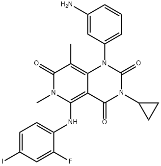 Pyrido[4,3-d]pyrimidine-2,4,7(1H,3H,6H)-trione, 1-(3-aminophenyl)-3-cyclopropyl-5-[(2-fluoro-4-iodophenyl)amino]-6,8-dimethyl- 구조식 이미지