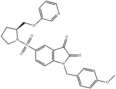 1-(4-Methyoxybenzyl)-5-(2-(pyridin-3-yl-oxymethyl)-pyrrolidine-1-sulfonyl)-1H-indole-2,3-dione 구조식 이미지
