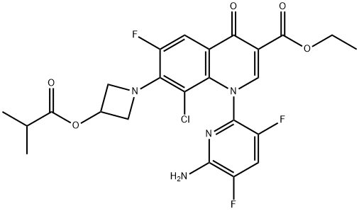 3-Quinolinecarboxylic acid, 1-(6-amino-3,5-difluoro-2-pyridinyl)-8-chloro-6-fluoro-1,4-dihydro-7-[3-(2-methyl-1-oxopropoxy)-1-azetidinyl]-4-oxo-, ethyl ester Structure