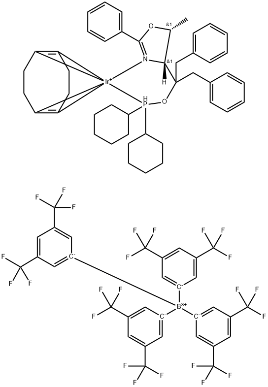 ((4R,5R)-(+)-O-[1-Benzyl-1-(5-methyl-2-phenyl-4,5-dihydrooxazol-4-yl)-2-phenylethyl](dicyclohexylphosphinite)(1,5-COD)iridium(I)tetrakis(3,5-bis(trifluoromethyl)phenylborate,min.97% 구조식 이미지