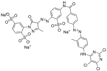 trisodium 2-[4,5-dihydro-3-methyl-4-[[4-[[4-[[2-methyl-4-[(2,5,6-trichloropyrimidin-4-yl)amino]phenyl]azo]benzoyl]amino]-2-sulphonatophenyl]azo]-5-oxo-1H-pyrazol-1-yl]benzene-1,4-disulphonate Structure