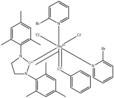 Dichloro[1,3-bis(2,4,6-trimethylphenyl)-2-imidazolidinylidene](benzylidene)bis(3-bromopyridine)ruthenium(II) Structure