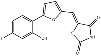 5-[[5-(4-Fluoro-2-hydroxyphenyl)-2-furanyl]methylene]-2,4-thiazolidinedione 구조식 이미지