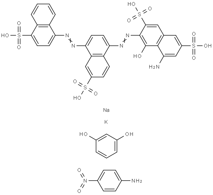 2,7-Naphthalenedisulfonic acid, 5-amino-4-hydroxy-3-[[6-sulfo-4-[(4-sulfo-1-naphthalenyl)azo]-1-naphthalenyl]azo]-, diazotized, coupled with diazotized 4-nitrobenzenamine and resorcinol, potassium sodium salts Structure