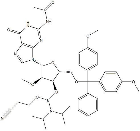 N-Acetyl-5'-O-(4,4-dimethoxytrityl)-2'-O-methylguanosine-3'-(2-cyanoethyl-N,N-diisopropyl)phosphoramidite Structure