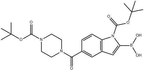 1H-Indole-1-carboxylic acid, 2-borono-5-[[4-[(1,1-dimethylethoxy)carbonyl]-1-piperazinyl]carbonyl]-, 1-(1,1-dimethylethyl) ester Structure