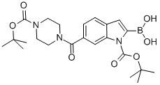 1H-Indole-1-carboxylic acid, 2-borono-6-[[4-[(1,1-dimethylethoxy)carbonyl]-1-piperazinyl]carbonyl]-, 1-(1,1-dimethylethyl) ester Structure