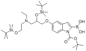 1H-Indole-1-carboxylic acid, 2-borono-5-[2-[[(1,1-dimethylethyl)dimethylsilyl]oxy]-3-[[2-[[(1,1-dimethylethyl)dimethylsilyl]oxy]ethyl]ethylamino]propoxy]-, 1-(1,1-dimethylethyl) ester 구조식 이미지