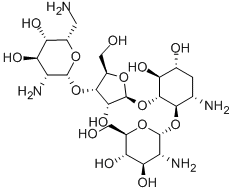 4-O-(2-Amino-2-deoxy-α-D-glucopyranosyl)-5-O-[3-O-(2,6-diamino-2,6-dideoxy-β-L-idopyranosyl)-β-D-ribofuranosyl]-3-amino-2,3-dideoxy-D-myo-inositol 구조식 이미지
