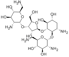 4-O-(2,6-Diamino-2,6-dideoxy-α-D-glucopyranosyl)-5-O-[3-O-(2,6-diamino-2,6-dideoxy-α-D-glucopyranosyl)-β-D-ribofuranosyl]-3-amino-2,3-dideoxy-D-myo-inositol 구조식 이미지