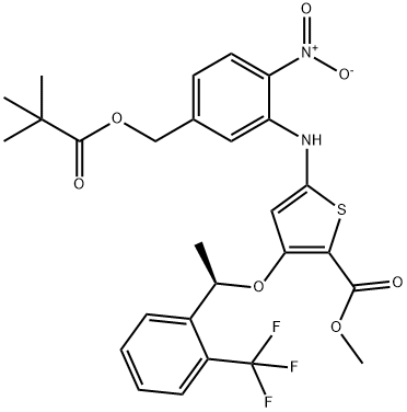 (R)-Methyl 5-(2-nitro-5-(pivaloyloxyMethyl)phenylaMino)-3-(1-(2-(trifluoroMethyl)phenyl)ethoxy)thiophene-2-carboxylate 구조식 이미지