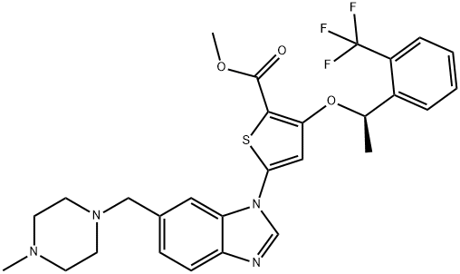 (R)-Methyl 5-(6-((4-Methylpiperazin-1-yl)Methyl)-1H-benzo[d]iMidazol-1-yl)-3-(1-(2-(trifluoroMethyl)phenyl)ethoxy)thiophene-2-carboxylate Structure