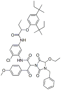 .alpha.-(4-Methoxybenzoyl)-.alpha.-(1-benzyl-5-ethoxy-3-hydantoinyl)-5'-[.alpha.-(2,4-di-tert-amylphenoxy)butylamido]-2'-chloroacetanilide 구조식 이미지
