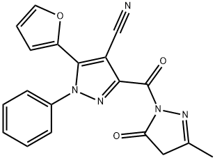 1H-Pyrazole-4-carbonitrile,  3-[(4,5-dihydro-3-methyl-5-oxo-1H-pyrazol-1-yl)carbonyl]-5-(2-furanyl)-1-phenyl- Structure