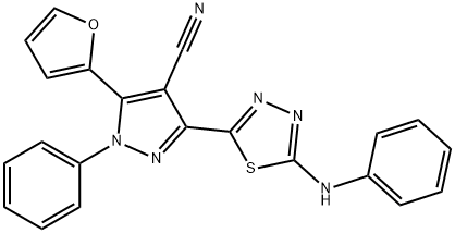 1H-Pyrazole-4-carbonitrile,  5-(2-furanyl)-1-phenyl-3-[5-(phenylamino)-1,3,4-thiadiazol-2-yl]- Structure
