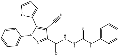 1H-Pyrazole-3-carboxylic  acid,  4-cyano-5-(2-furanyl)-1-phenyl-,  2-[(phenylamino)thioxomethyl]hydrazide 구조식 이미지