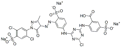 trisodium hydrogen 2-[[4-chloro-6-[[3-[[1-(2,5-dichloro-4-sulphonatophenyl)-4,5-dihydro-3-methyl-5-oxo-1H-pyrazol-4-yl]azo]-4-sulphonatophenyl]amino]-1,3,5-triazin-2-yl]amino]-5-sulphonatobenzoate Structure