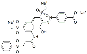 trisodium 4-[[1-hydroxy-8-[[1-oxo-3-(phenylsulphonyl)propyl]amino]-3,6-disulphonato-2-naphthyl]azo]benzoate Structure