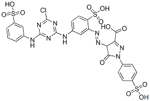 4-[[5-[[4-chloro-6-[(3-sulphophenyl)amino]-1,3,5-triazin-2-yl]amino]-2-sulphophenyl]azo]-4,5-dihydro-5-oxo-1-(4-sulphophenyl)-1H-pyrazole-3-carboxylic acid Structure