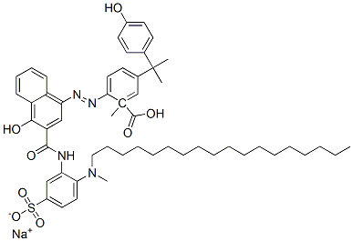 sodium 1-methyl 2-[[4-hydroxy-3-[[[2-(methyloctadecylamino)-5-sulphonatophenyl]amino]carbonyl]-1-naphthyl]azo]-5-[1-(4-hydroxyphenyl)-1-methylethyl]benzoate 구조식 이미지
