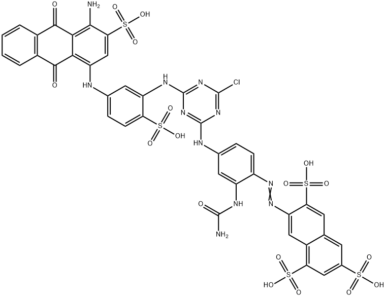 7-[[2-[(aminocarbonyl)amino]-4-[[4-[[5-[(4-amino-9,10-dihydro-9,10-dioxo-3-sulpho-1-anthryl)amino]-2-sulphophenyl]amino]-6-chloro-1,3,5-triazin-2-yl]amino]phenyl]azo]naphthalene-1,3,6-trisulphonic acid 구조식 이미지