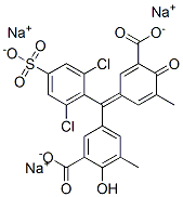 5-[(3-carboxy-5-methyl-4-oxo-2,5-cyclohexadien-1-ylidene)(2,6-dichloro-4-sulphophenyl)methyl]-3-methylsalicylic acid, sodium salt 구조식 이미지
